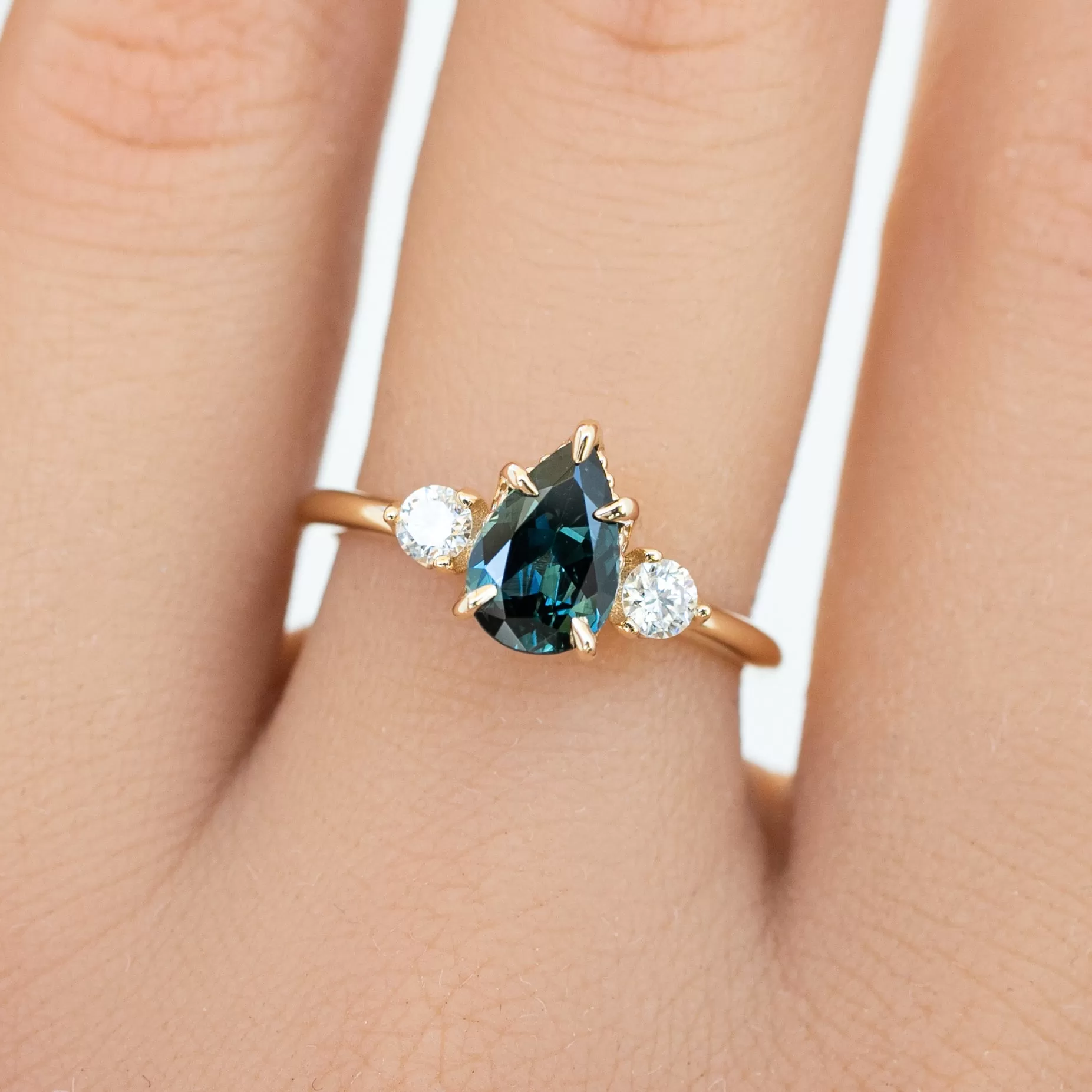 Ayana Ring 1.09ct Teal Blue Pear Queensland Sapphire, 14K Yellow Gold (One of a kind)