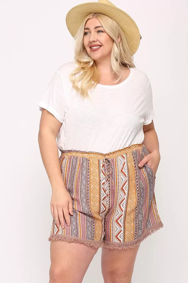 Aztec Print and Fringe Trim Shorts w/Adjustable Tie Waist