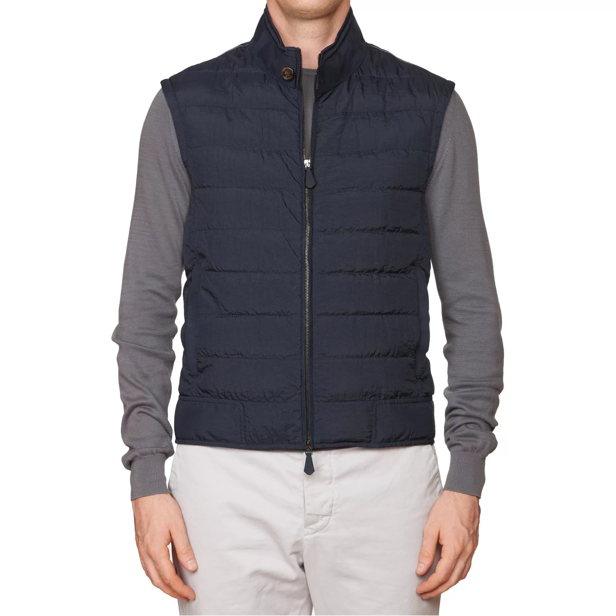 BERLUTI Paris Dark Blue Polyamide Puffer Vest with Calfskin Leather Trim R50 NEW M