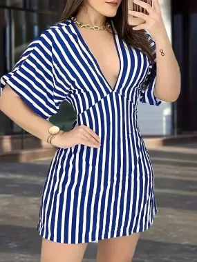 BerryBetty - Blue Striped Sexy Backless Short Sleeve Mini Dress