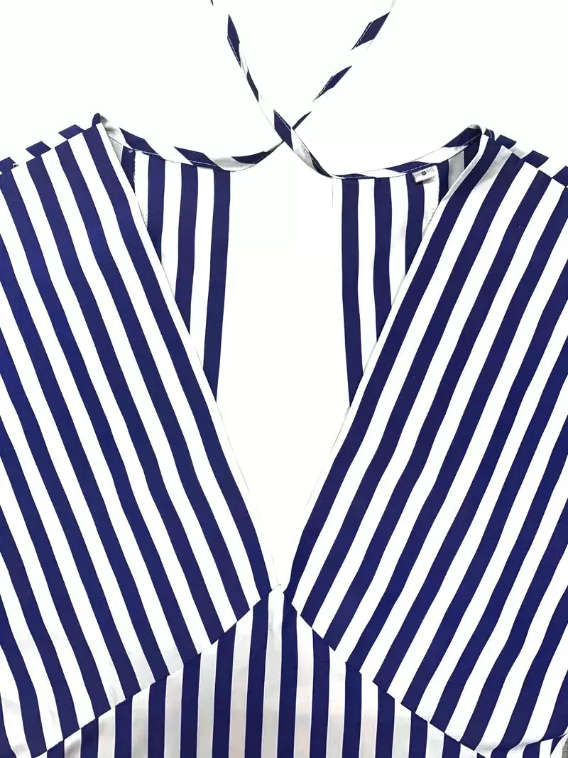 BerryBetty - Blue Striped Sexy Backless Short Sleeve Mini Dress