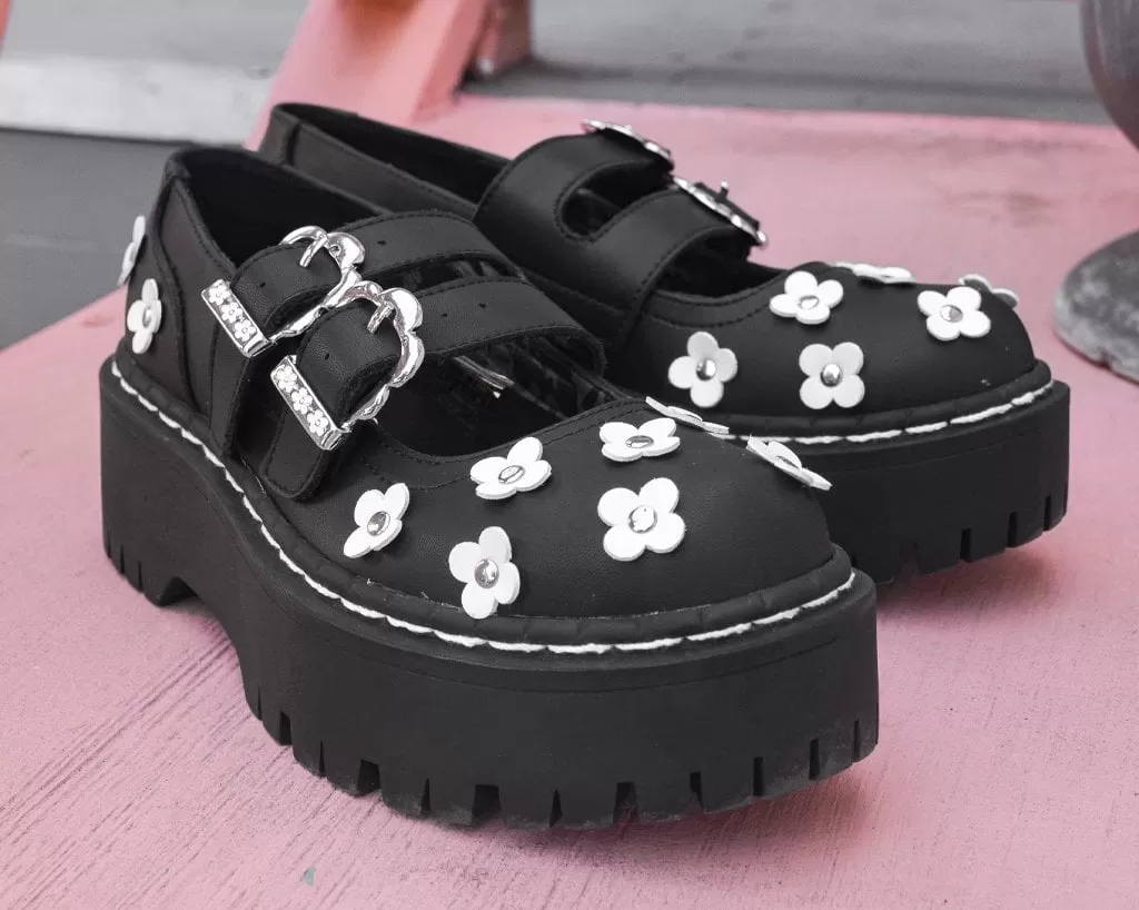 Black & White TUKskin Flower Double Decker Mary Jane