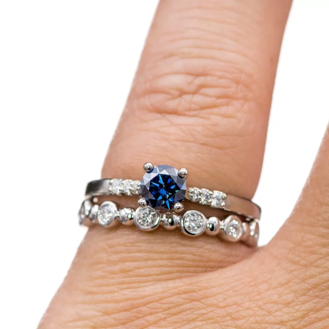 Blue Moissanite Prong Set Natalie Engagement Ring with Accented 14k white gold Cathedral Shank, ready to Ship