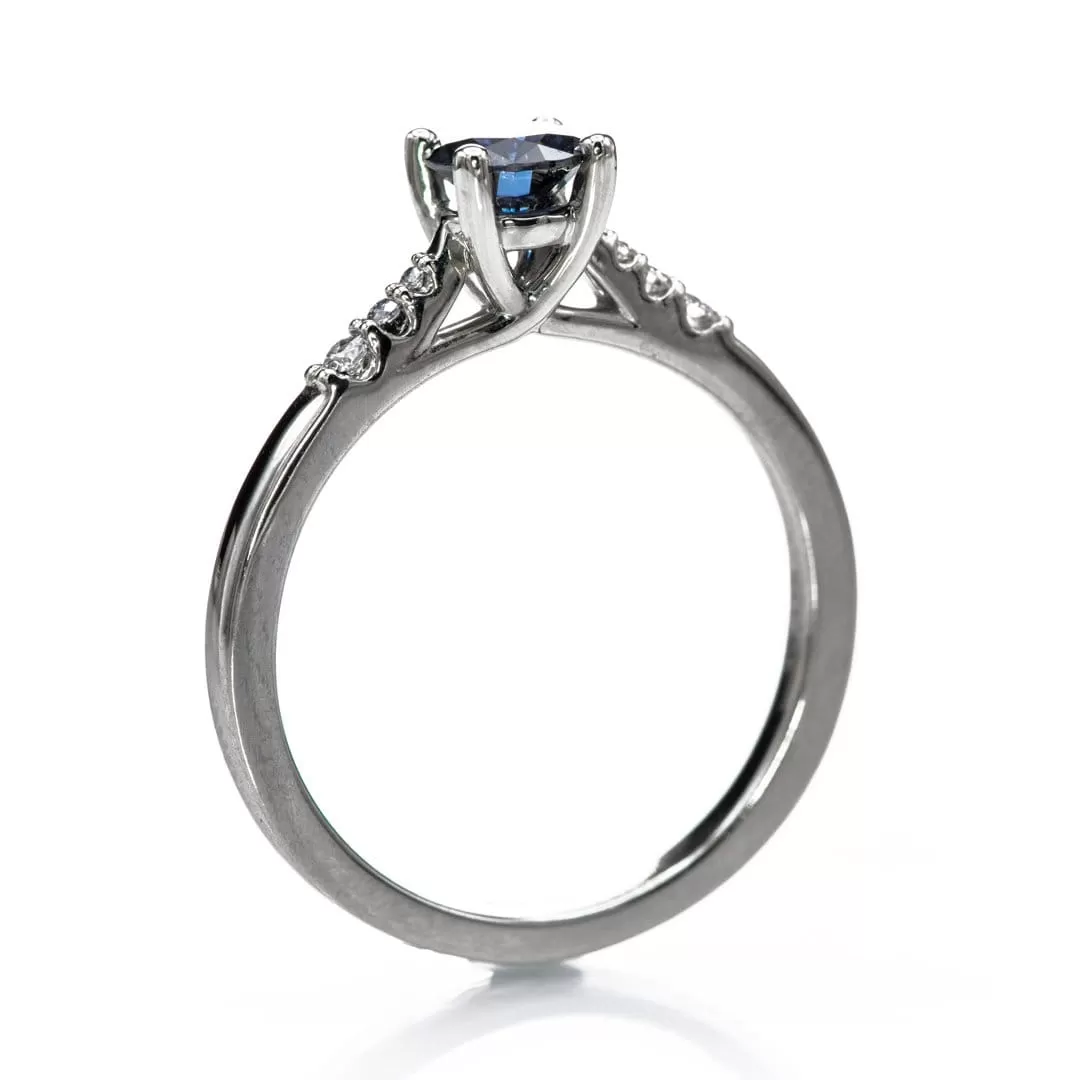 Blue Moissanite Prong Set Natalie Engagement Ring with Accented 14k white gold Cathedral Shank, ready to Ship