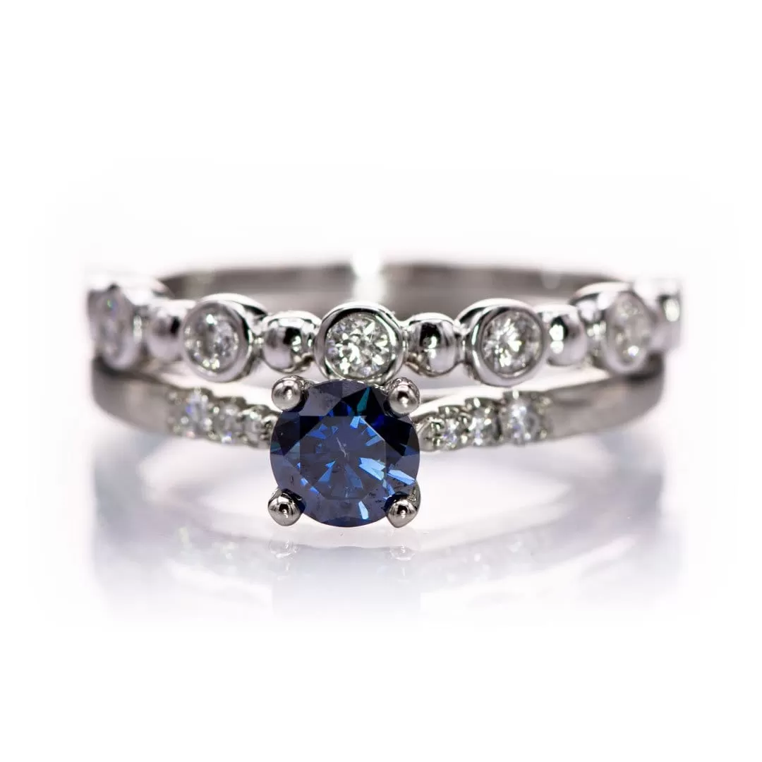 Blue Moissanite Prong Set Natalie Engagement Ring with Accented 14k white gold Cathedral Shank, ready to Ship