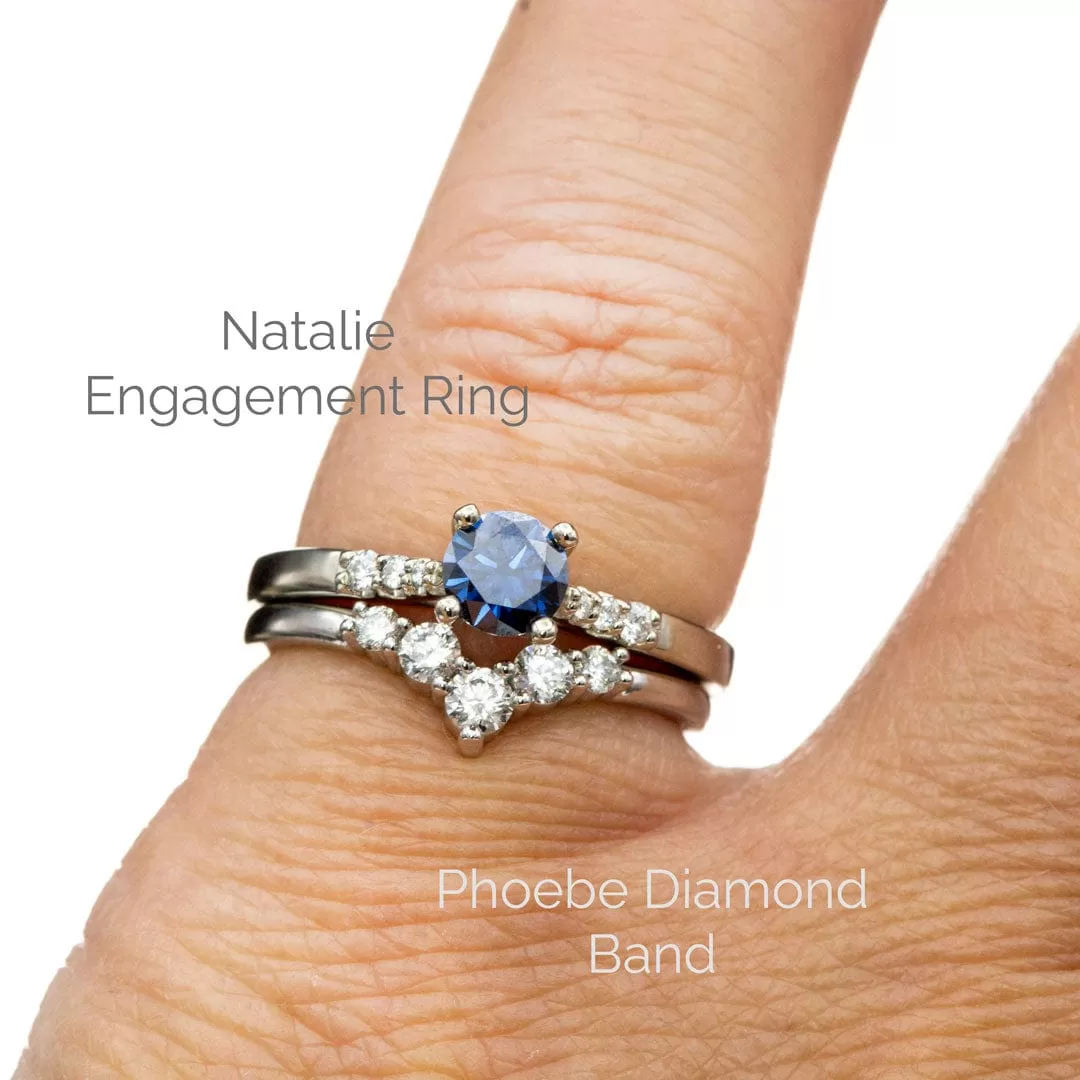 Blue Moissanite Prong Set Natalie Engagement Ring with Accented 14k white gold Cathedral Shank, ready to Ship