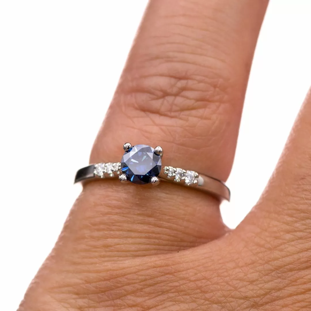 Blue Moissanite Prong Set Natalie Engagement Ring with Accented 14k white gold Cathedral Shank, ready to Ship