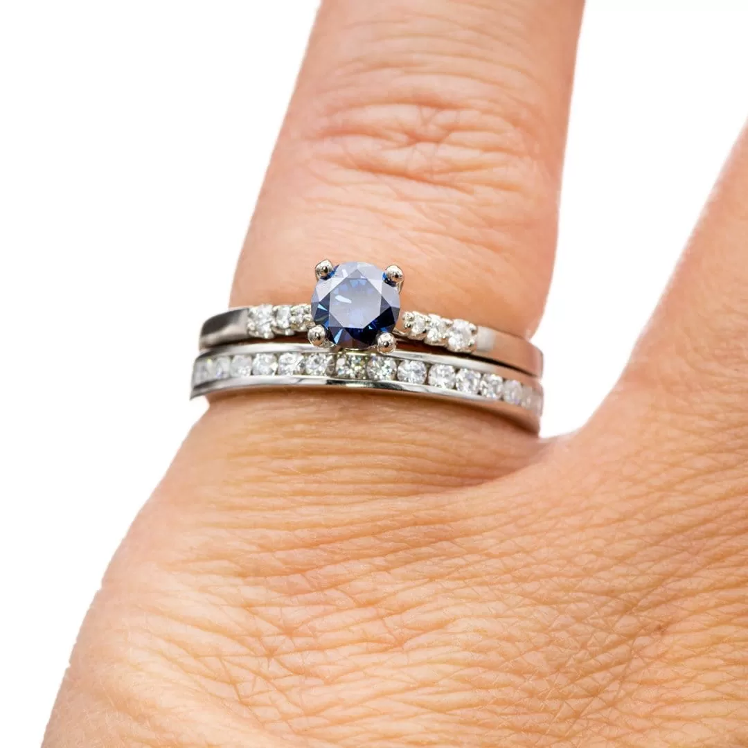 Blue Moissanite Prong Set Natalie Engagement Ring with Accented 14k white gold Cathedral Shank, ready to Ship