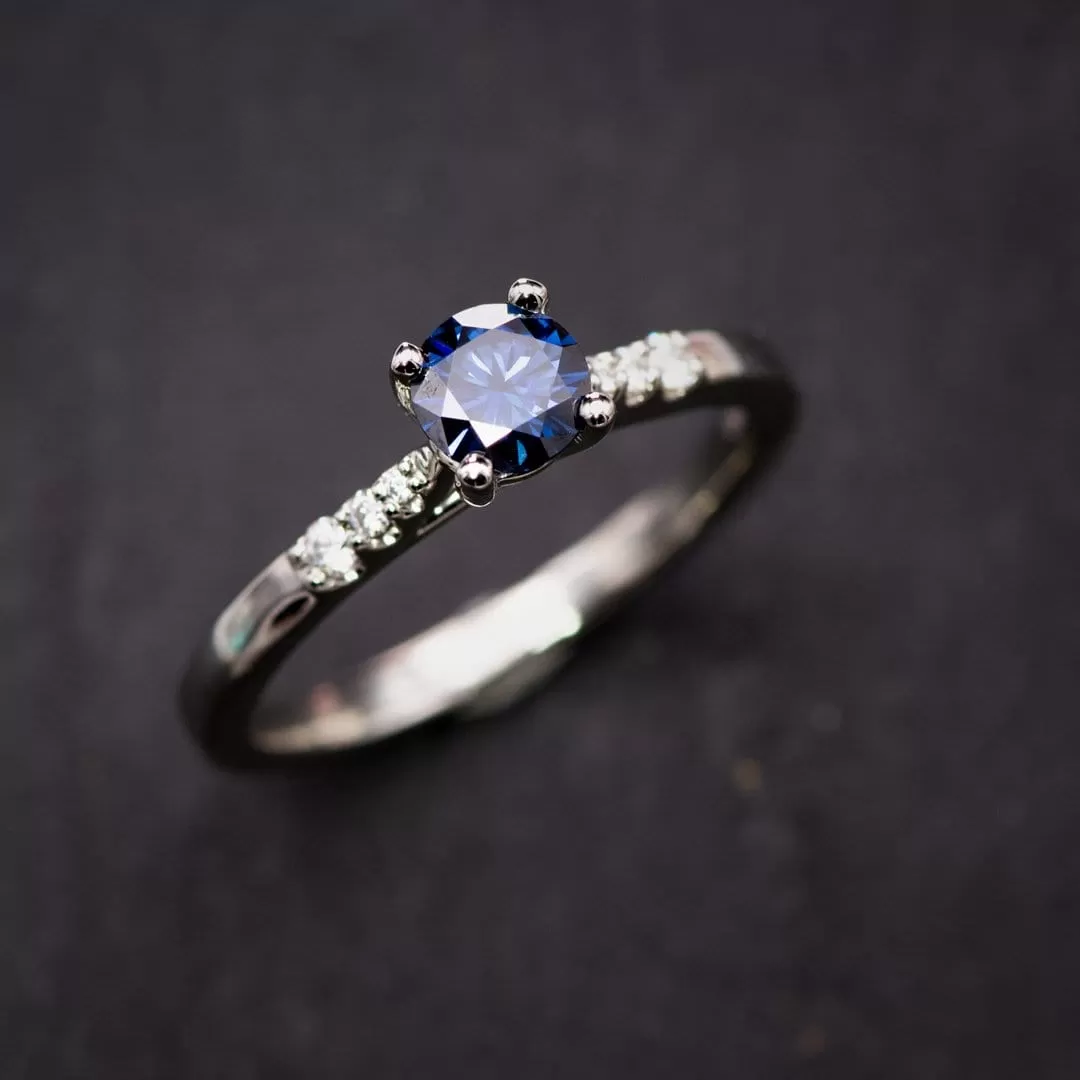 Blue Moissanite Prong Set Natalie Engagement Ring with Accented 14k white gold Cathedral Shank, ready to Ship