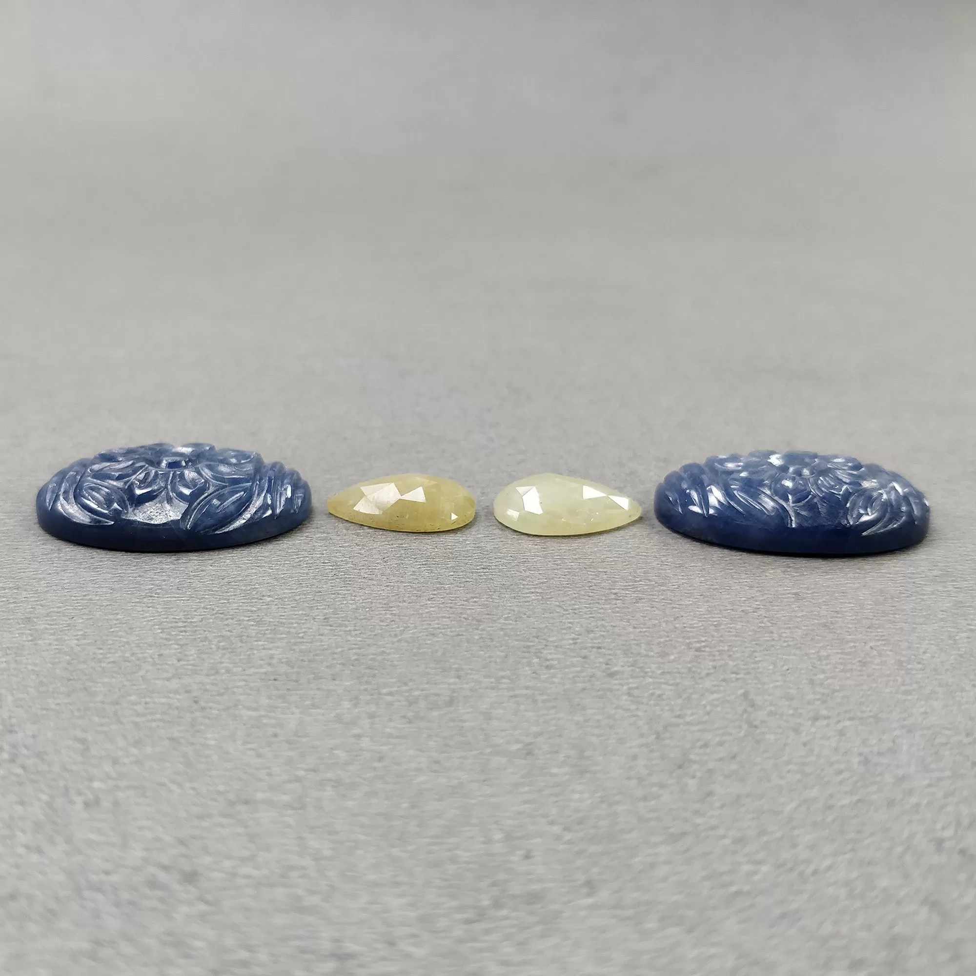 BLUE Yellow SAPPHIRE Gemstone Carving : 66.45cts Natural Untreated Multi Sapphire Hand Carved Oval 14*10mm - 18.5*25.5mm 4pcs (With Video)