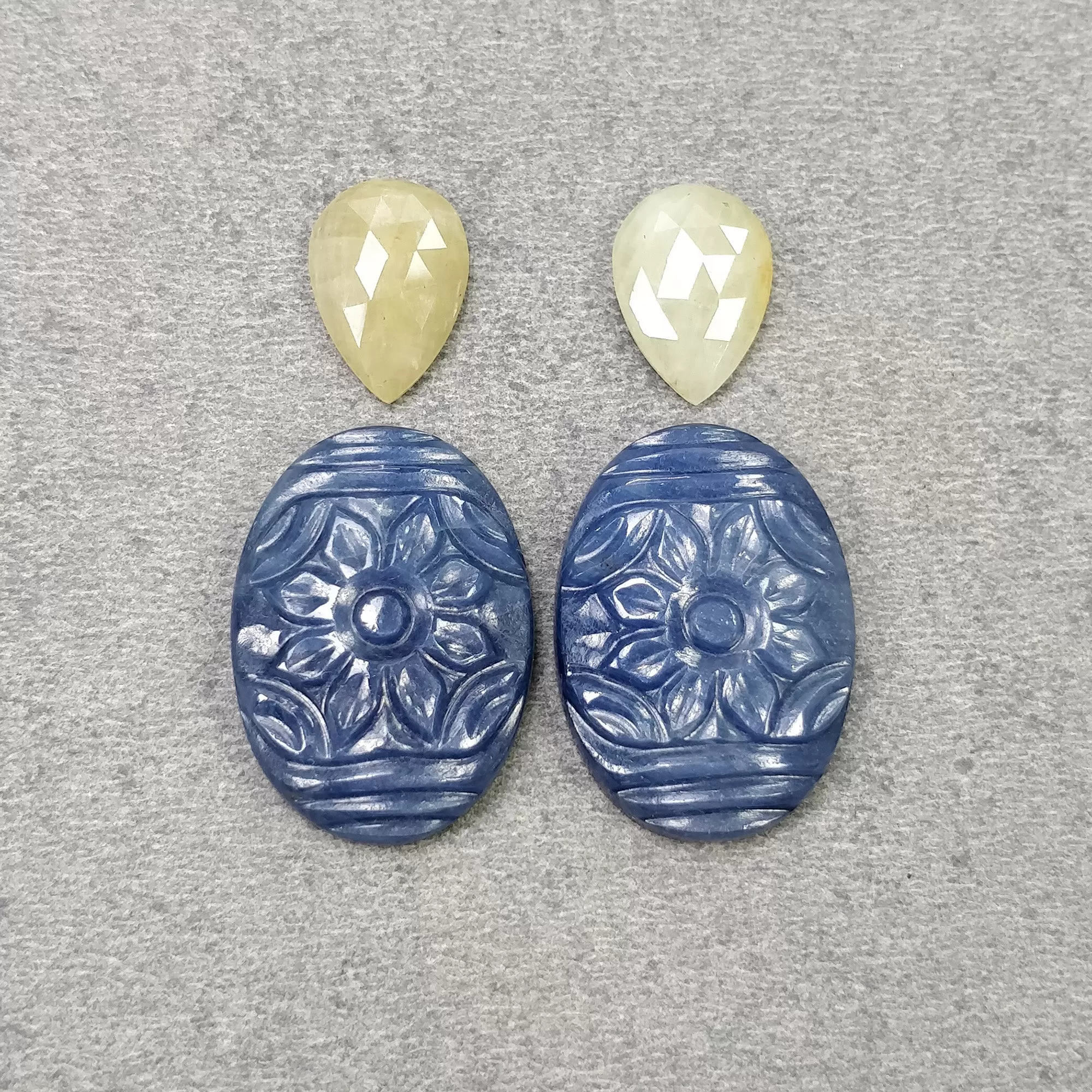 BLUE Yellow SAPPHIRE Gemstone Carving : 66.45cts Natural Untreated Multi Sapphire Hand Carved Oval 14*10mm - 18.5*25.5mm 4pcs (With Video)