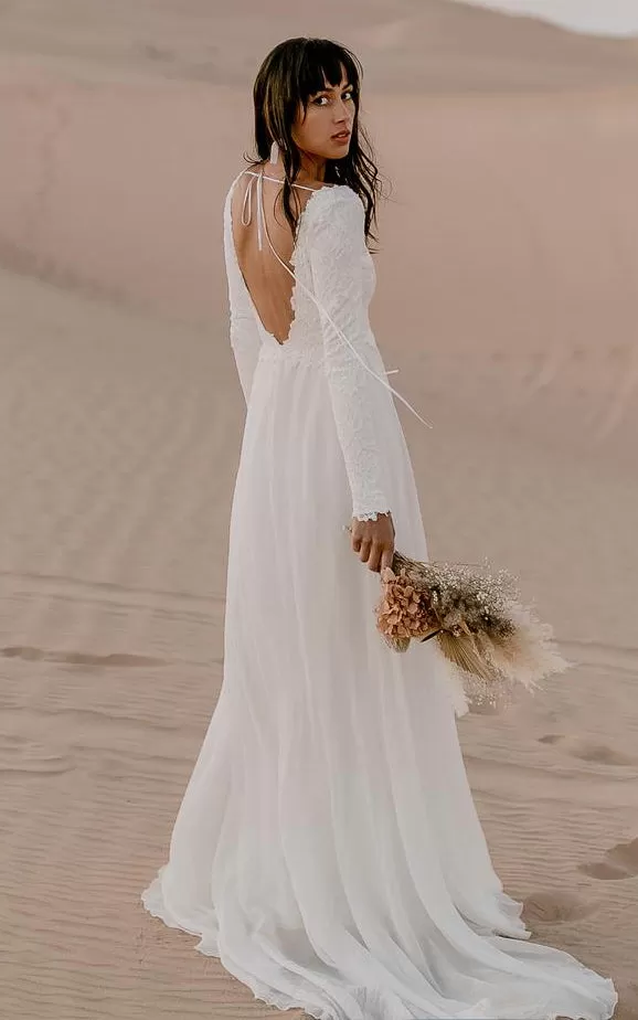 Bohemian A Line V-neck Chiffon Lace Long Sleeve Wedding Dress with V Back and Sweep Train-715922