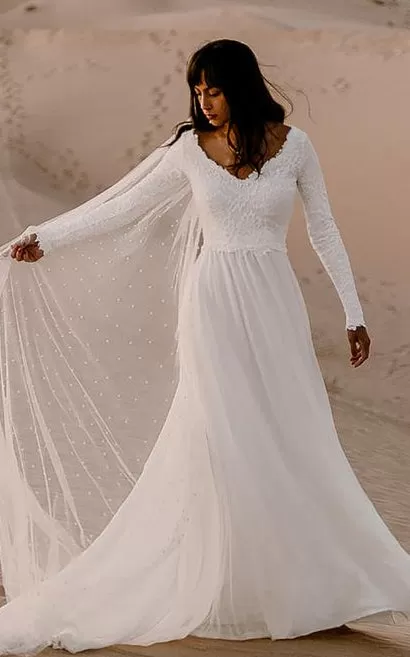 Bohemian A Line V-neck Chiffon Lace Long Sleeve Wedding Dress with V Back and Sweep Train-715922