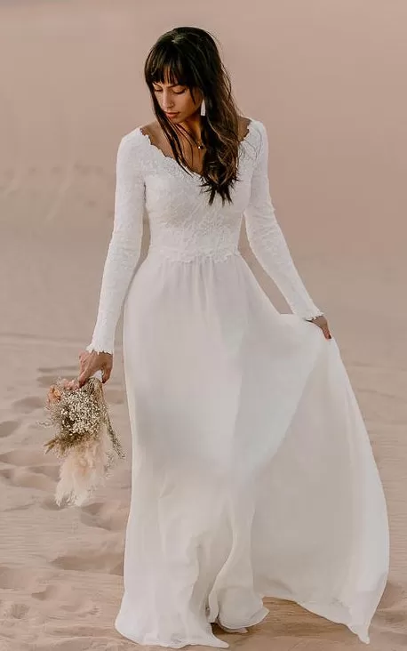 Bohemian A Line V-neck Chiffon Lace Long Sleeve Wedding Dress with V Back and Sweep Train-715922