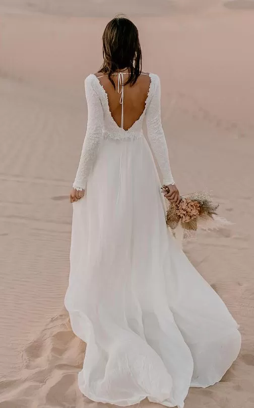 Bohemian A Line V-neck Chiffon Lace Long Sleeve Wedding Dress with V Back and Sweep Train-715922