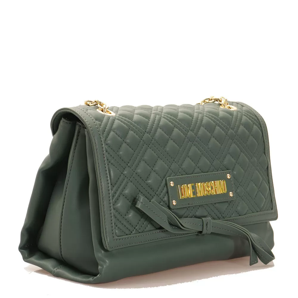 Borsa Donna a Spalla LOVE MOSCHINO con Fiocco linea Shiny Quilted Verde Bottiglia