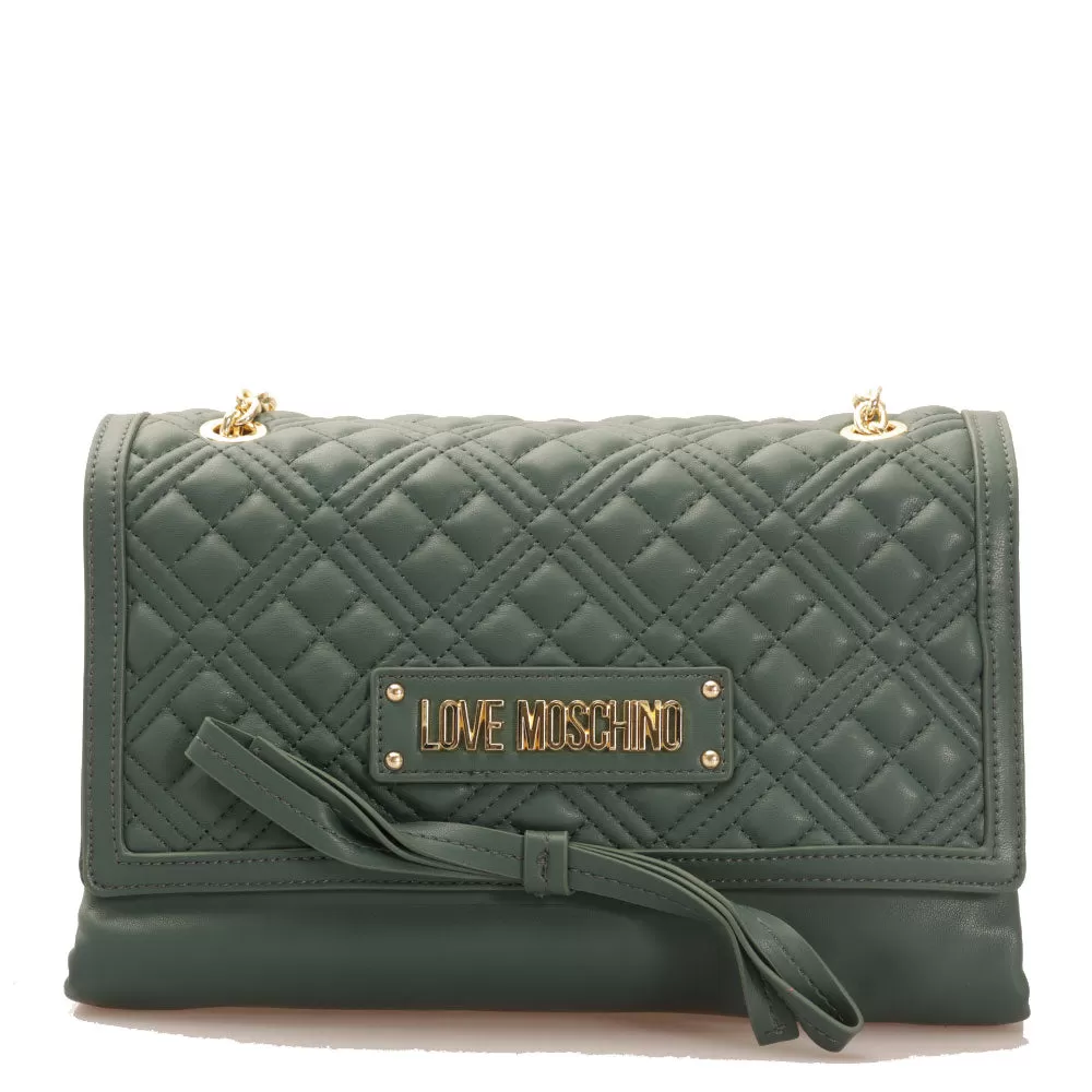 Borsa Donna a Spalla LOVE MOSCHINO con Fiocco linea Shiny Quilted Verde Bottiglia