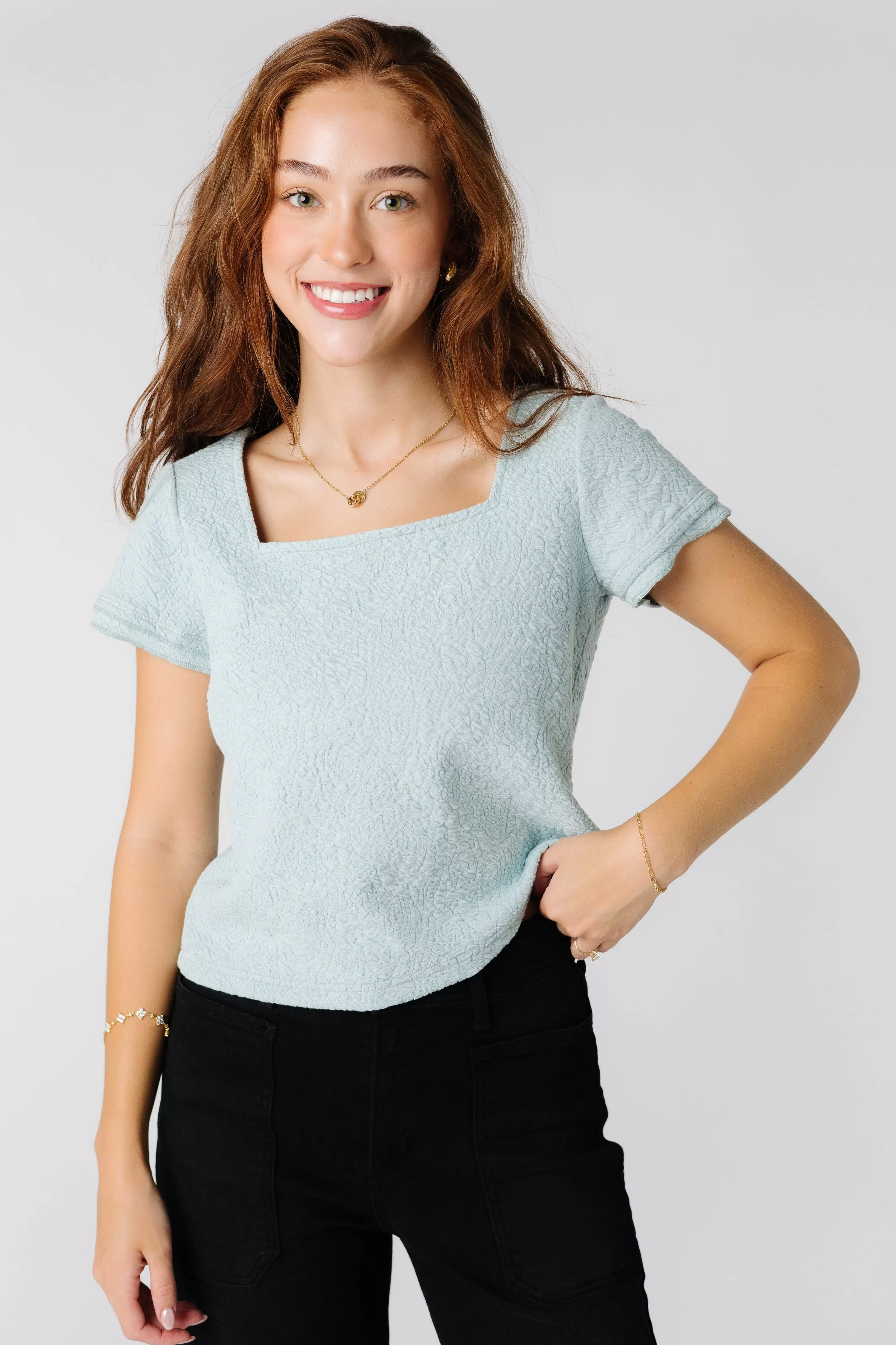 Brass & Roe Textured Square Neck Top