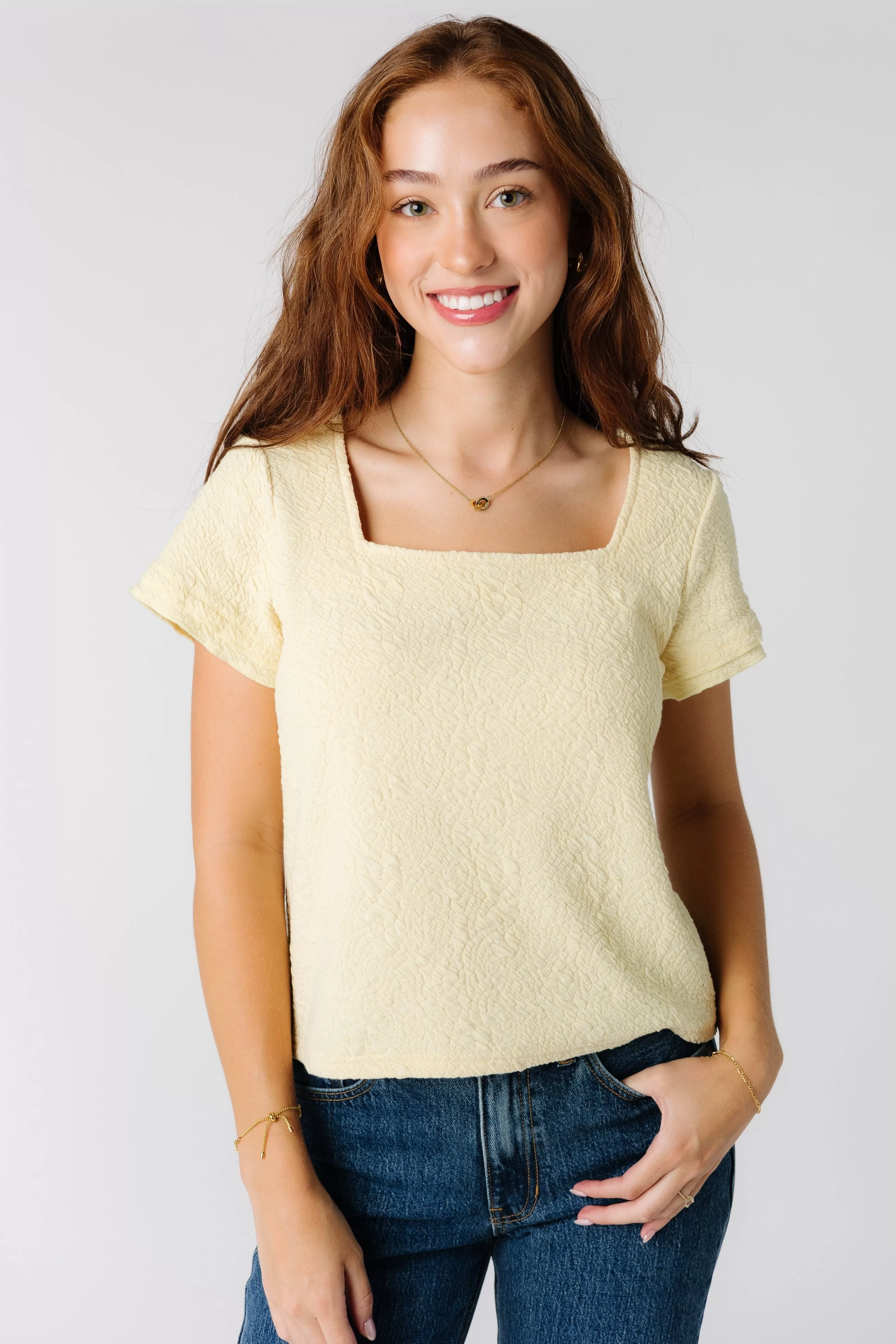 Brass & Roe Textured Square Neck Top