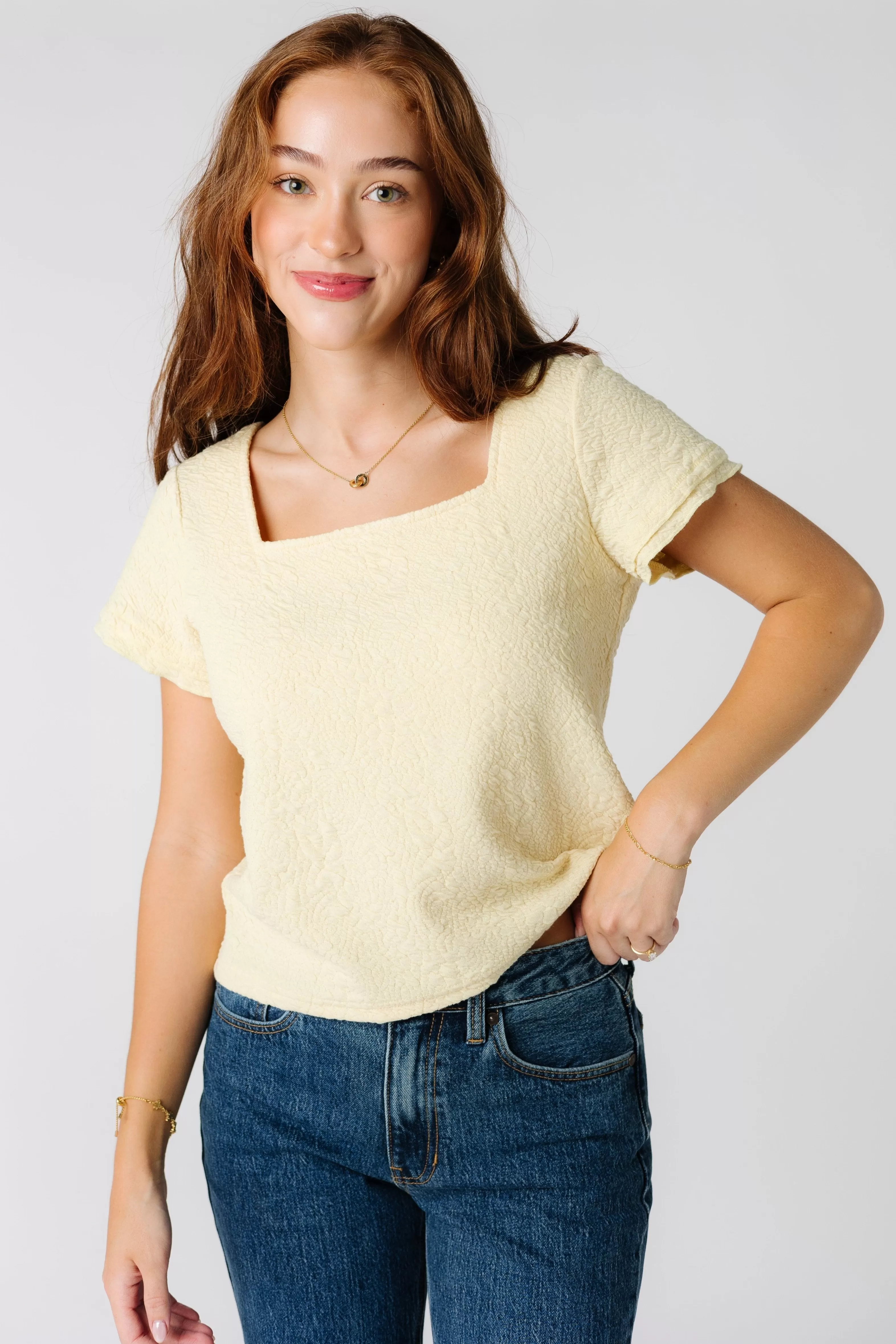 Brass & Roe Textured Square Neck Top