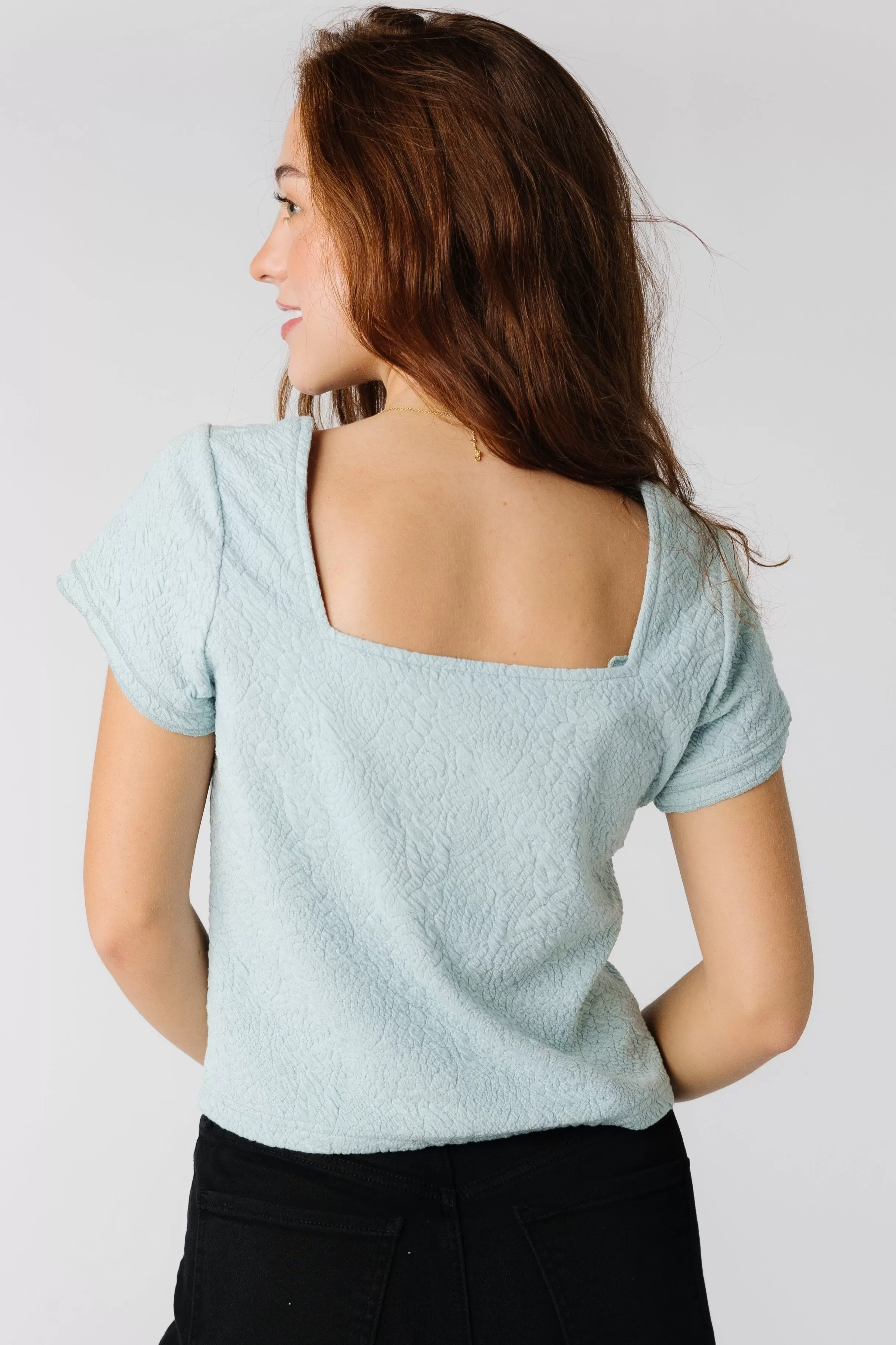 Brass & Roe Textured Square Neck Top