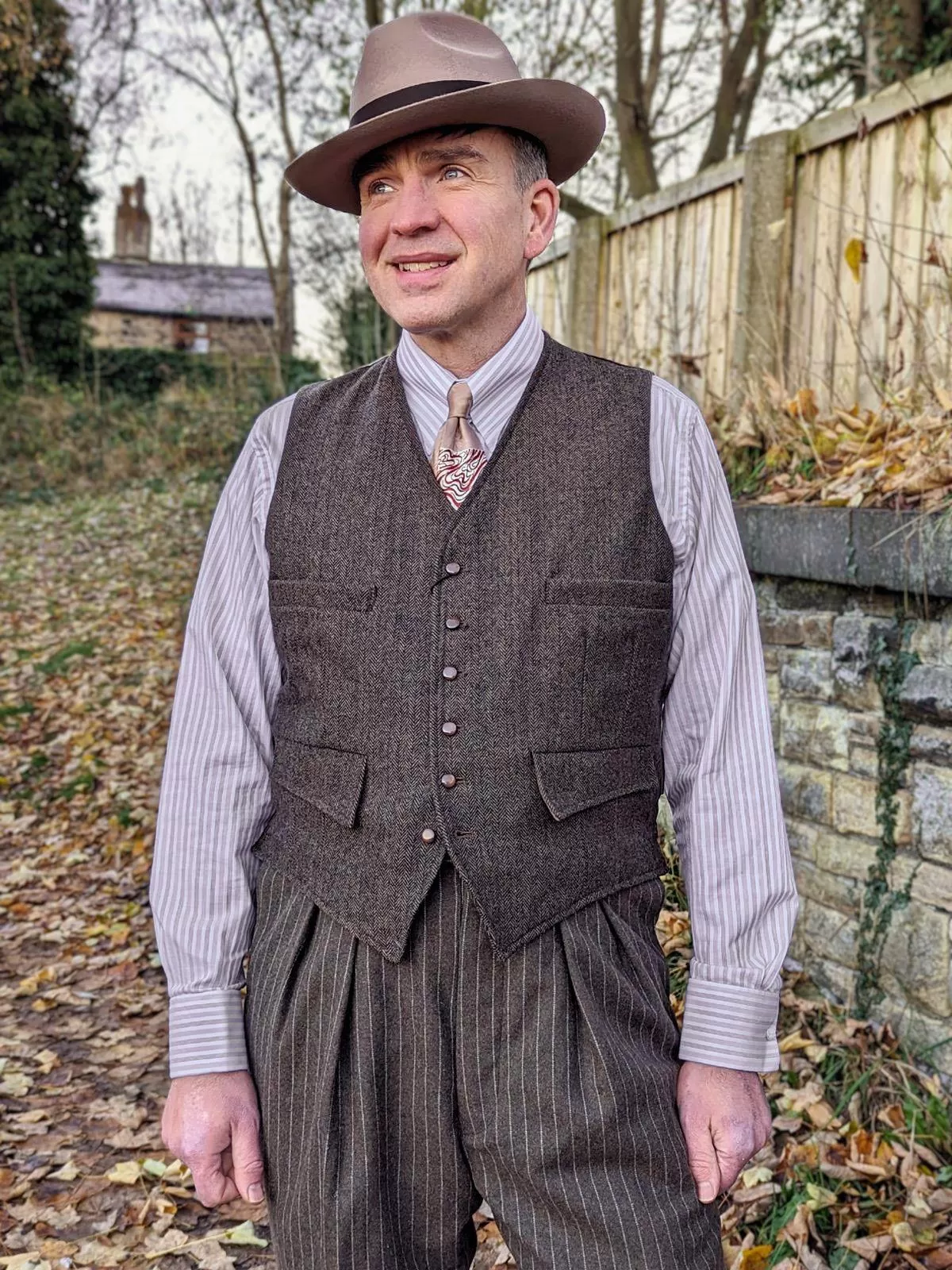 Brown Stripe 1940s Spearpoint Shirt with Tab Collar and French Cuff