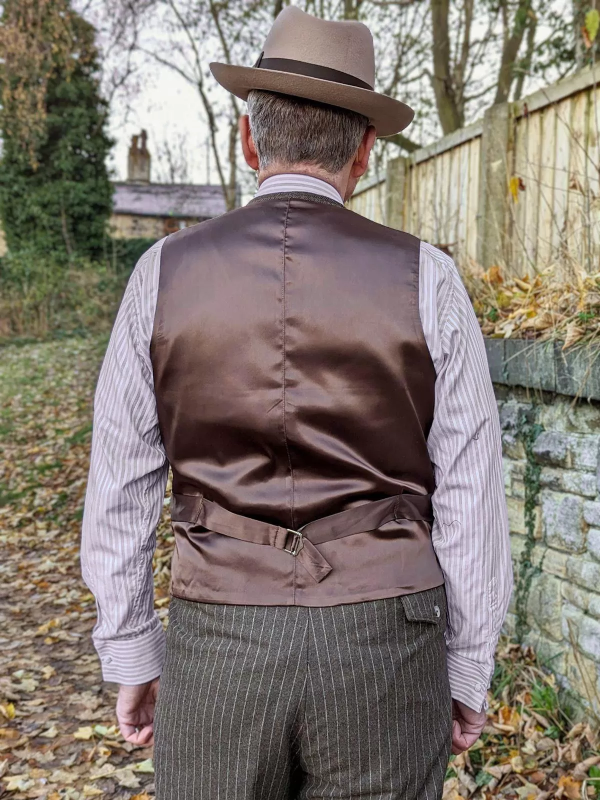 Brown Stripe 1940s Spearpoint Shirt with Tab Collar and French Cuff