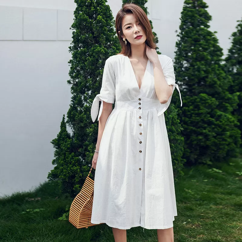 Button-Down Midi Dress With V-Neck