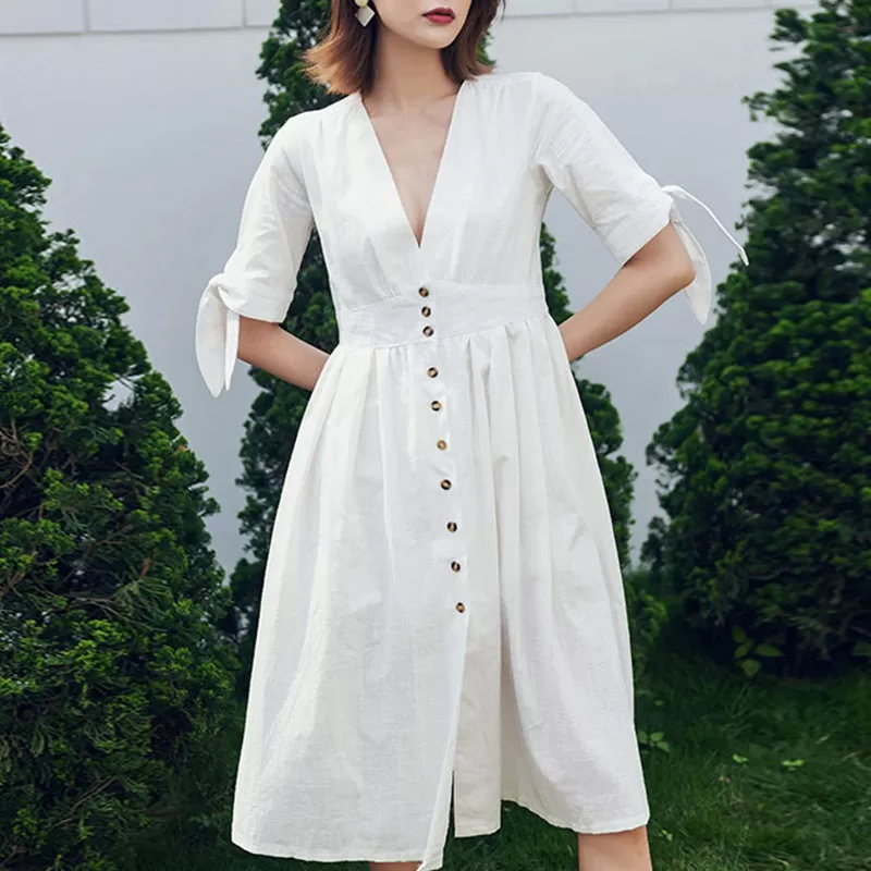 Button-Down Midi Dress With V-Neck