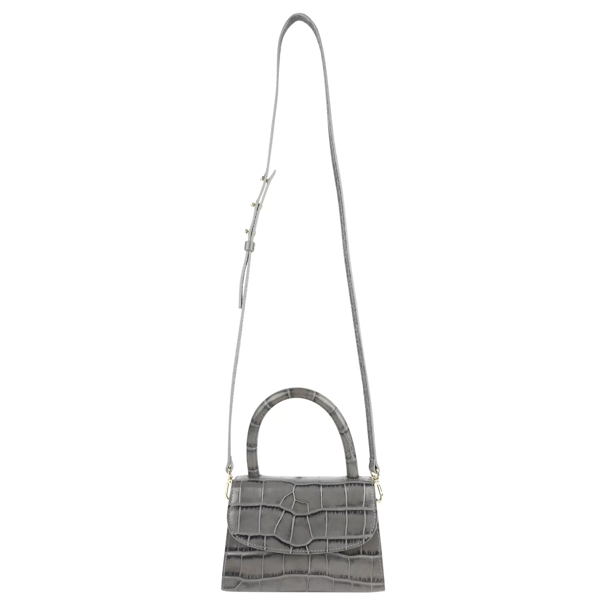 By Far Grey Croc Embossed Leather Mini Top Handle Two Way Shoulder Bag