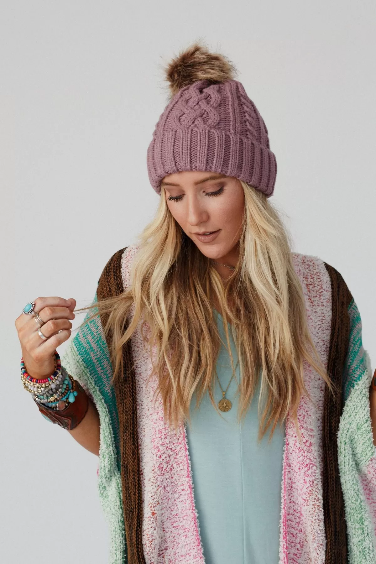 Cable Knit Faux Fur Pom Beanie - Mauve