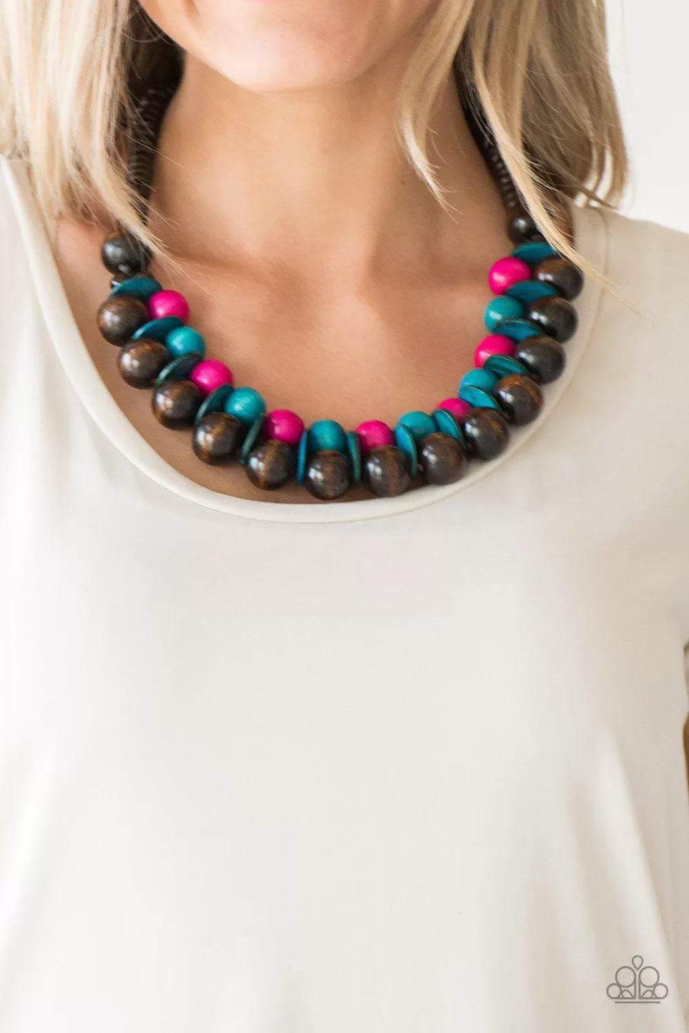 Caribbean Cover Girl Multi Brown, Pink and Blue Wood Necklace - Paparazzi Accessories