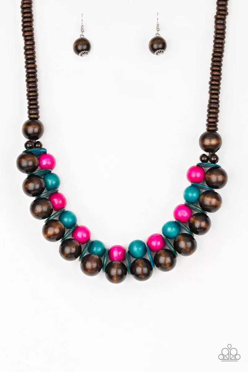 Caribbean Cover Girl Multi Brown, Pink and Blue Wood Necklace - Paparazzi Accessories