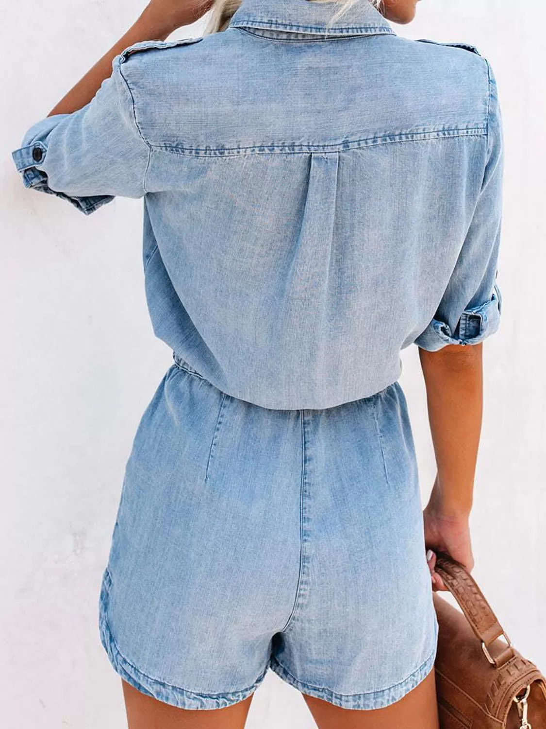 Casual Drawstring Half Button Half Sleeve Denim Romper - Stylish and Comfortable One-Piece Jumpsuit for Women