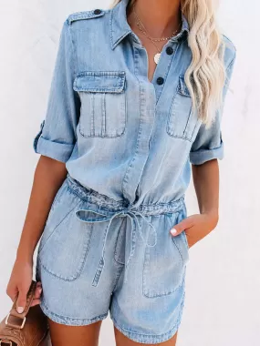 Casual Drawstring Half Button Half Sleeve Denim Romper - Stylish and Comfortable One-Piece Jumpsuit for Women