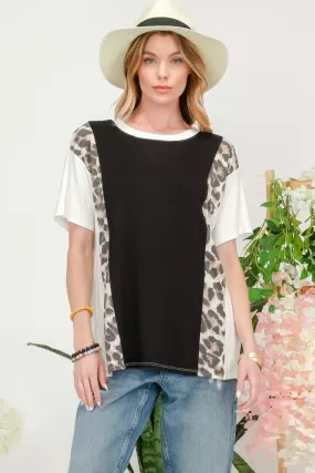 Celeste Full Size Leopard Color Block T-Shirt - Women's Trendy Casual Top, Animal Print Fashion, Comfortable and Stylish, Perfect for Everyday Wear