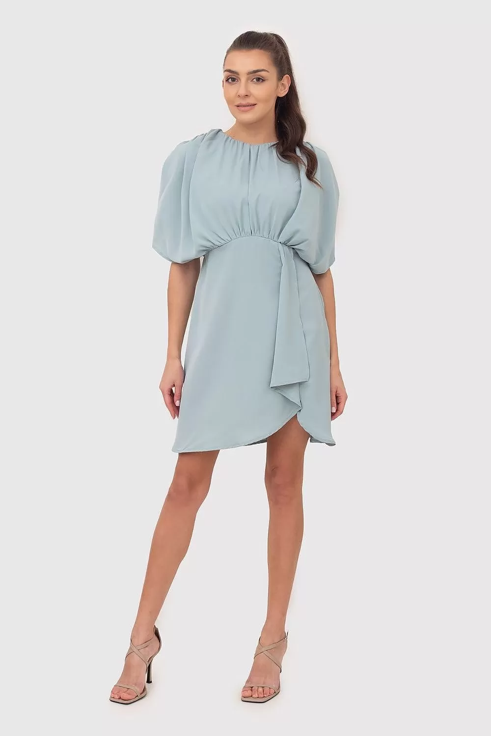 Chic Mint Mini Dress With Elegant Drapes And Flattering Fit