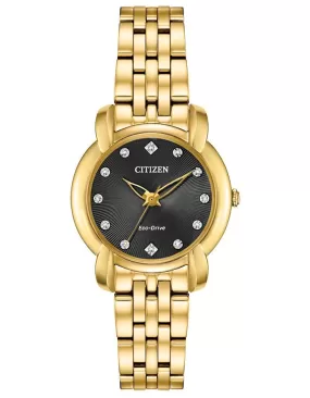 Citizen Ladies Eco-Drive Jolie Watch - Gold-Tone - Diamonds - Black Dial