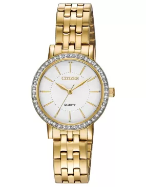 Citizen Quart Ladies Watch - Gold-Tone - Crystal Bezel -  White Dial - Bracelet