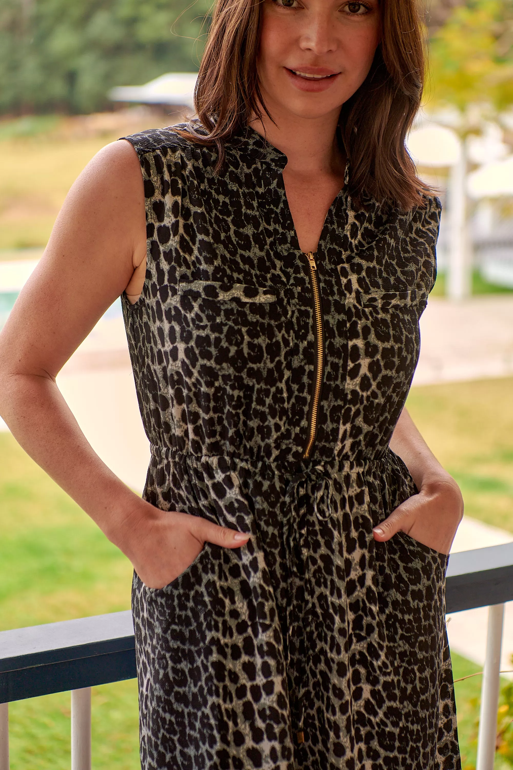 Cleo Midi Black/Grey Animal Print Zip Front Dress