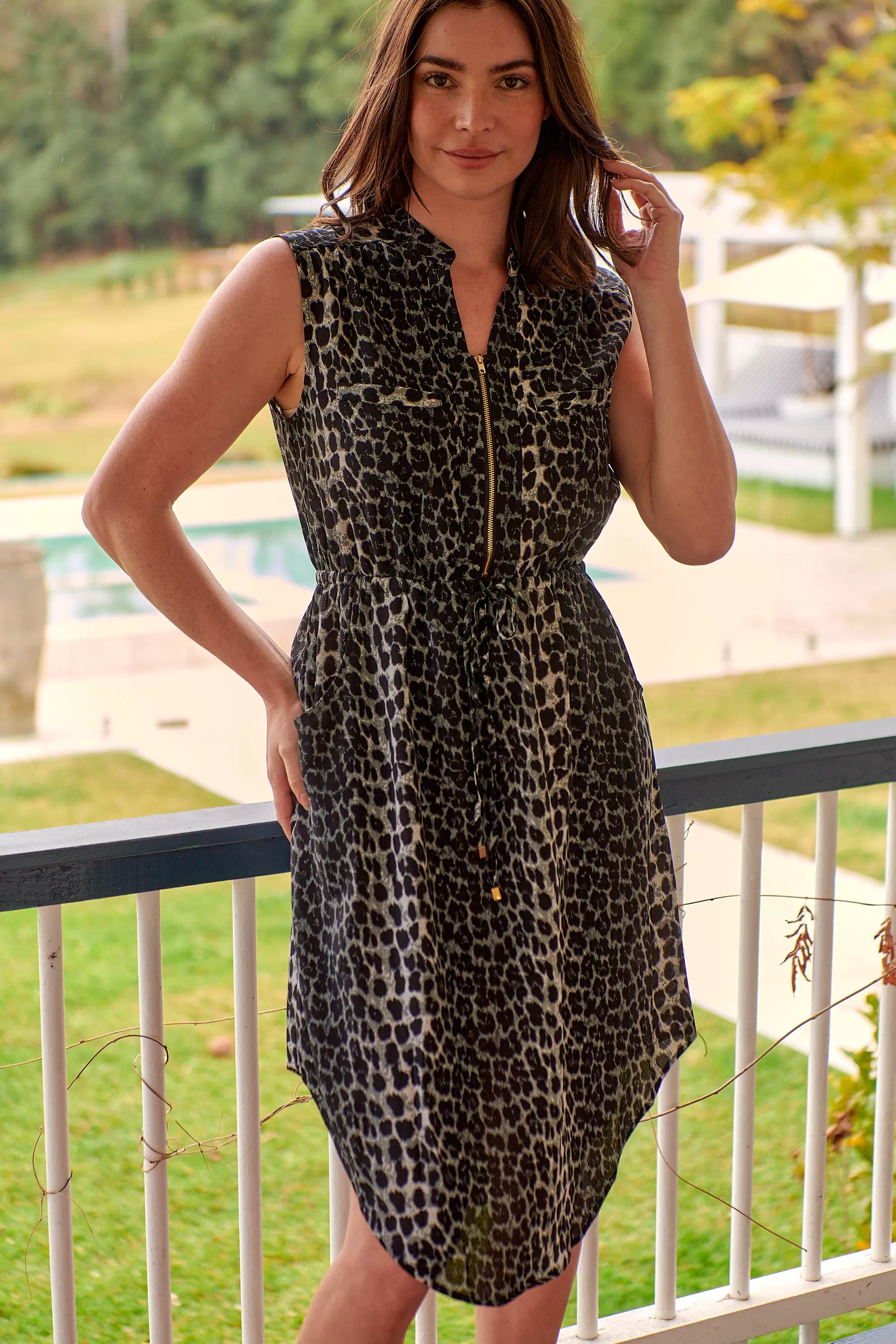 Cleo Midi Black/Grey Animal Print Zip Front Dress