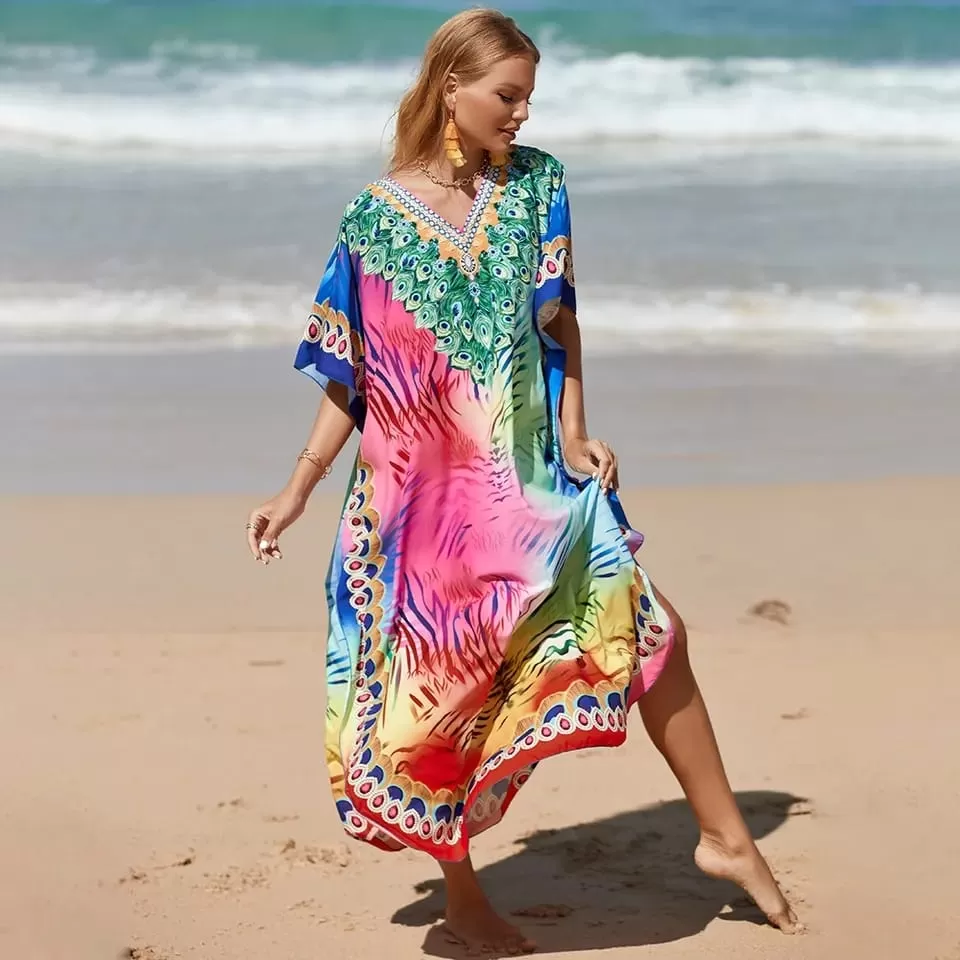 Copricostume Donna Multicolore Stampa Mezza Manica Scollo V Morbido Moda Mare