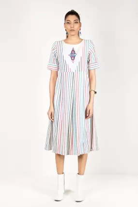 Cream & Colorful Striped Woven Dress