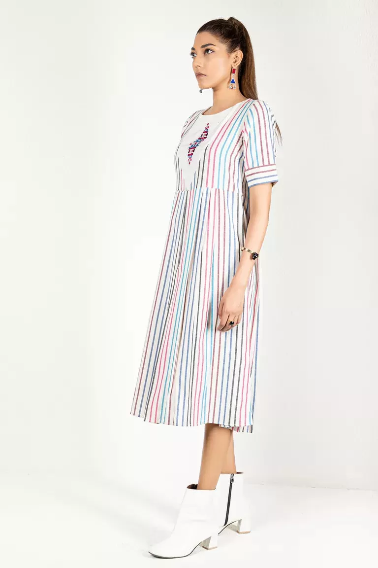 Cream & Colorful Striped Woven Dress