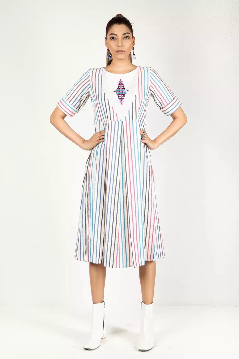 Cream & Colorful Striped Woven Dress