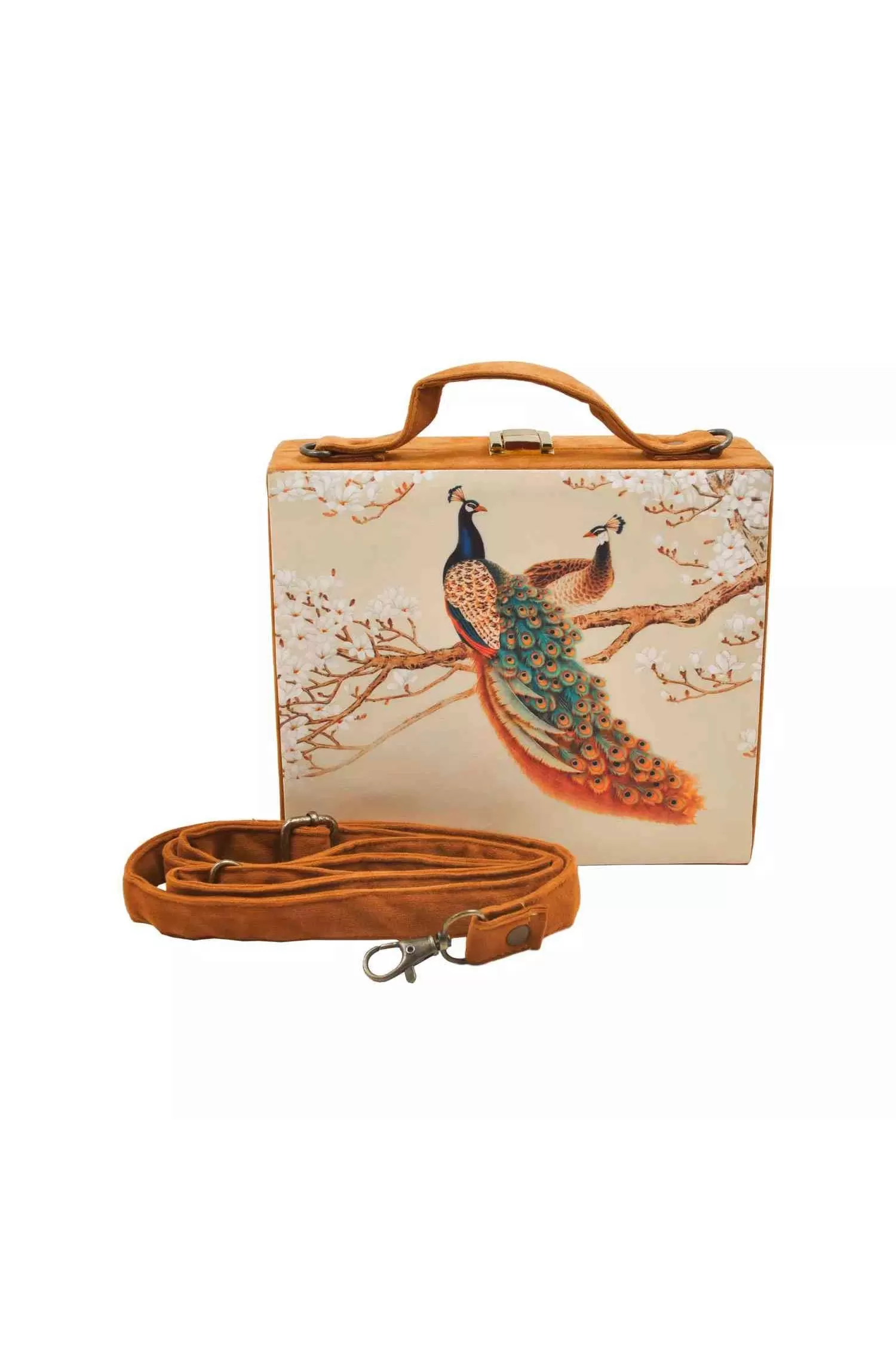 Cream Digital Peacock Print Suitcase Clutch