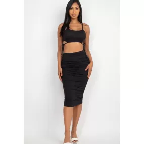 Cut-out Tie Side Crop Top & Ruched Midi Skirt Set