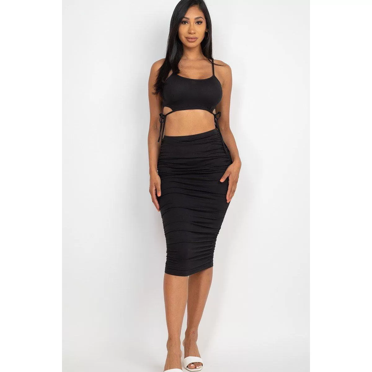 Cut-out Tie Side Crop Top & Ruched Midi Skirt Set