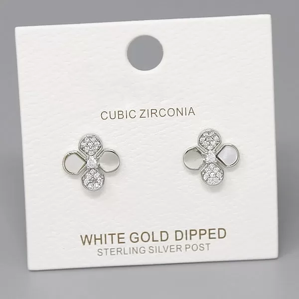 CZ Pave Clover Shape Gold Dipped Stud Earrings