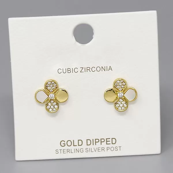 CZ Pave Clover Shape Gold Dipped Stud Earrings